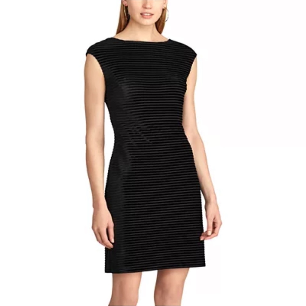 Chaps | Velvet Stripe Short Sleeve Bateau Neck Sheath Silhouette Dress Black 8